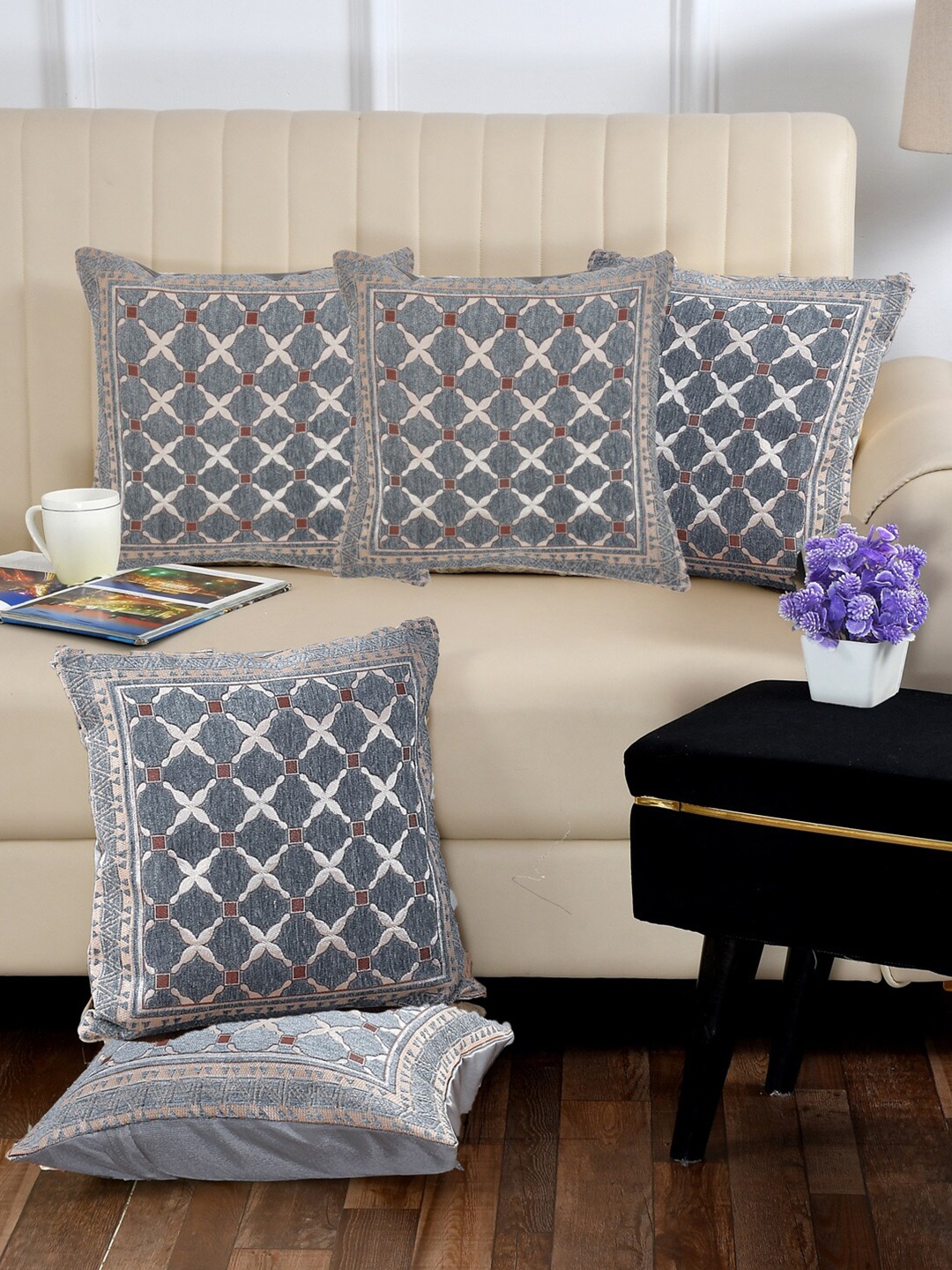 

DECOMIZER Cross Grey 5-Pieces Jacquard Ethnic Motifs Square Cushion Covers