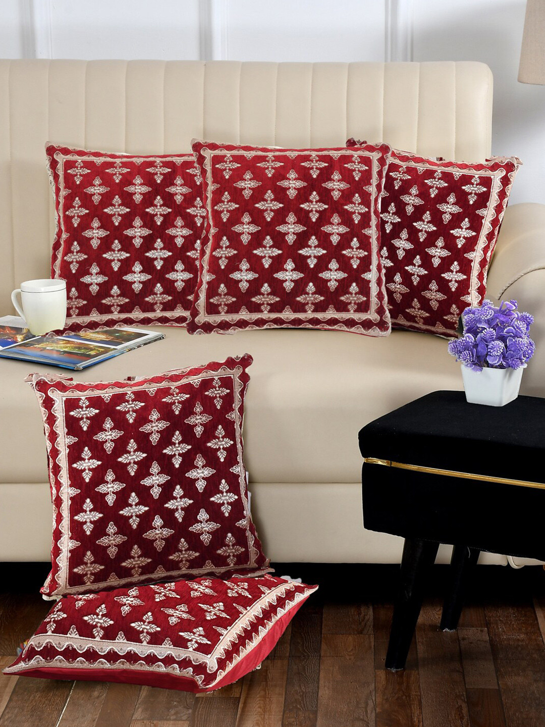 

DECOMIZER 5 Pieces Maroon & Beige Ethnic Motifs Jacquard Square Cushion Covers