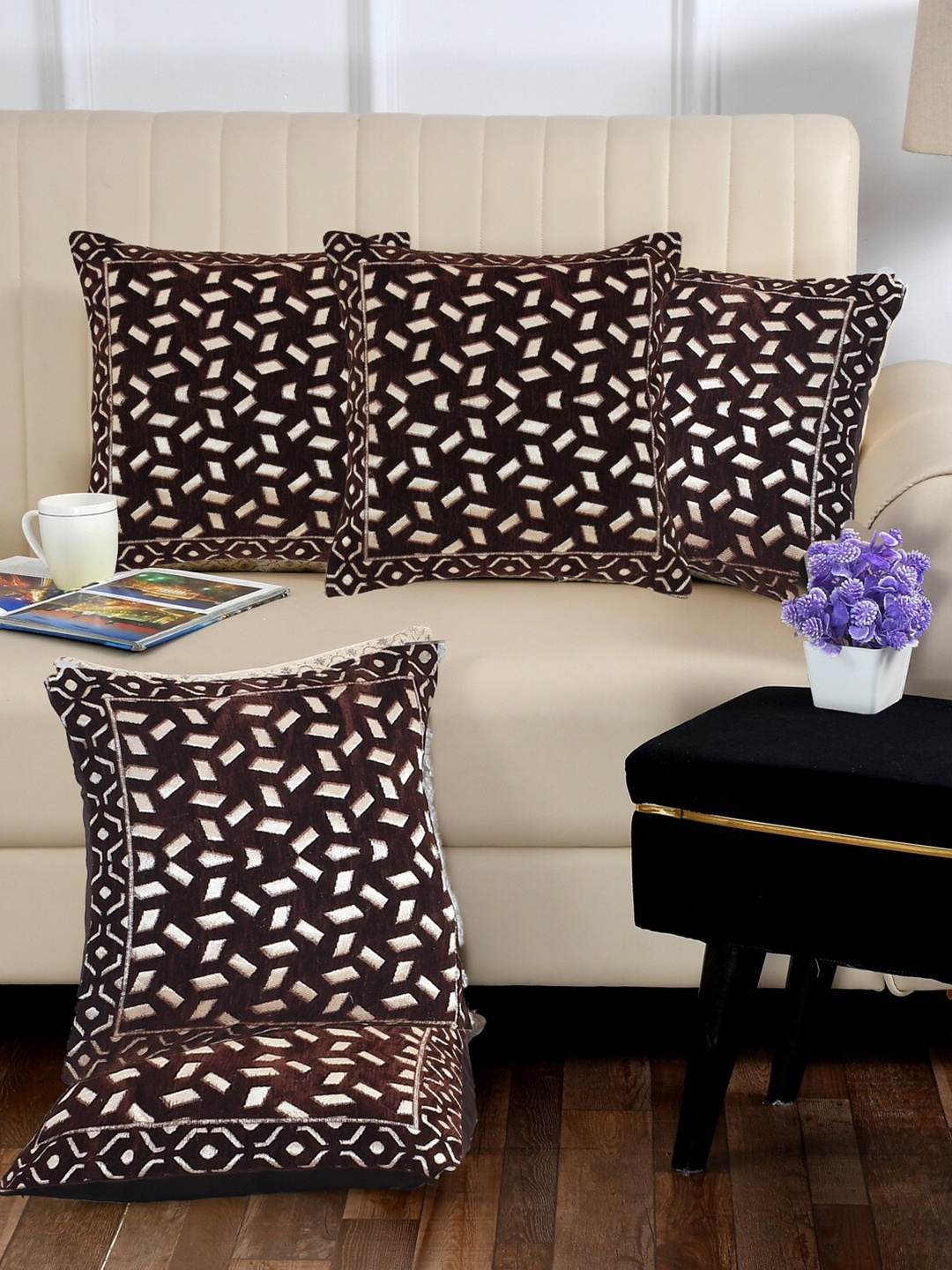 

DECOMIZER Bricks Coffee Brown 5-Pieces Jacquard Ethnic Motifs Square Cushion Covers