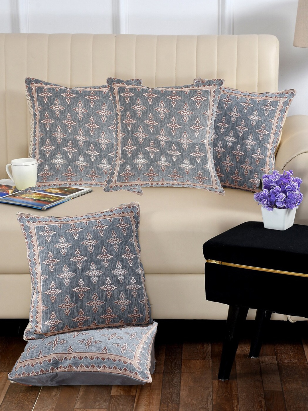 

DECOMIZER Plus Grey & Brown 5-Pieces Jacquard Ethnic Motifs Square Cushion Covers