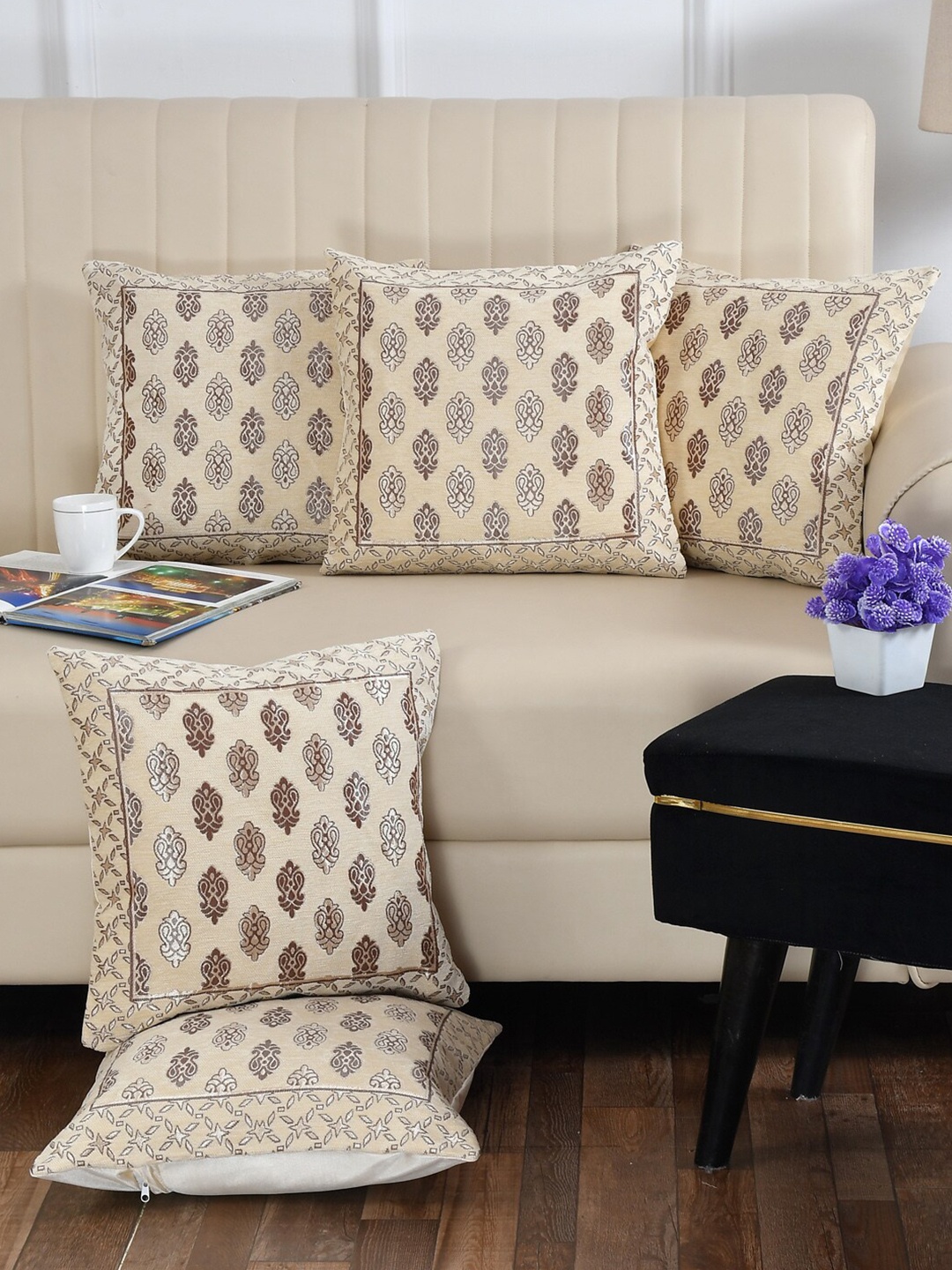 

DECOMIZER 5 Pieces Cream-Coloured & Brown Ethnic Motifs Jacquard Square Cushion Covers