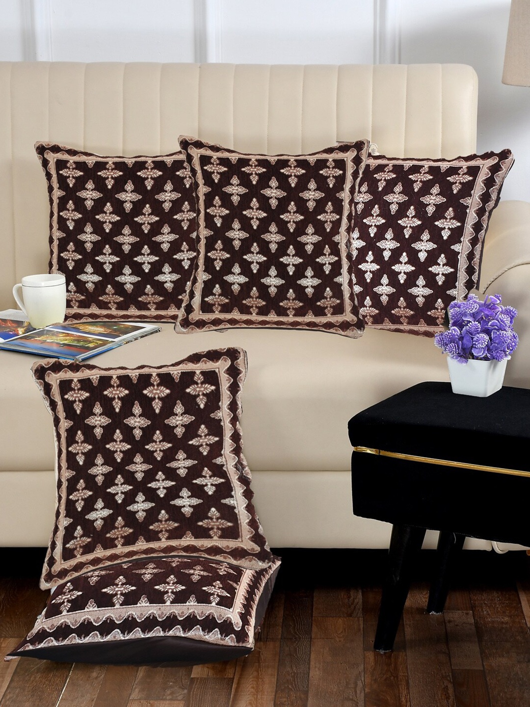 

DECOMIZER 5 Pieces Coffee Brown & Beige Ethnic Motifs Jacquard Square Cushion Covers