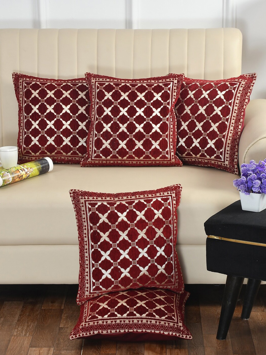 

DECOMIZER Cross Maroon & Cream 5-Pieces Jacquard Ethnic Motifs Square Cushion Covers