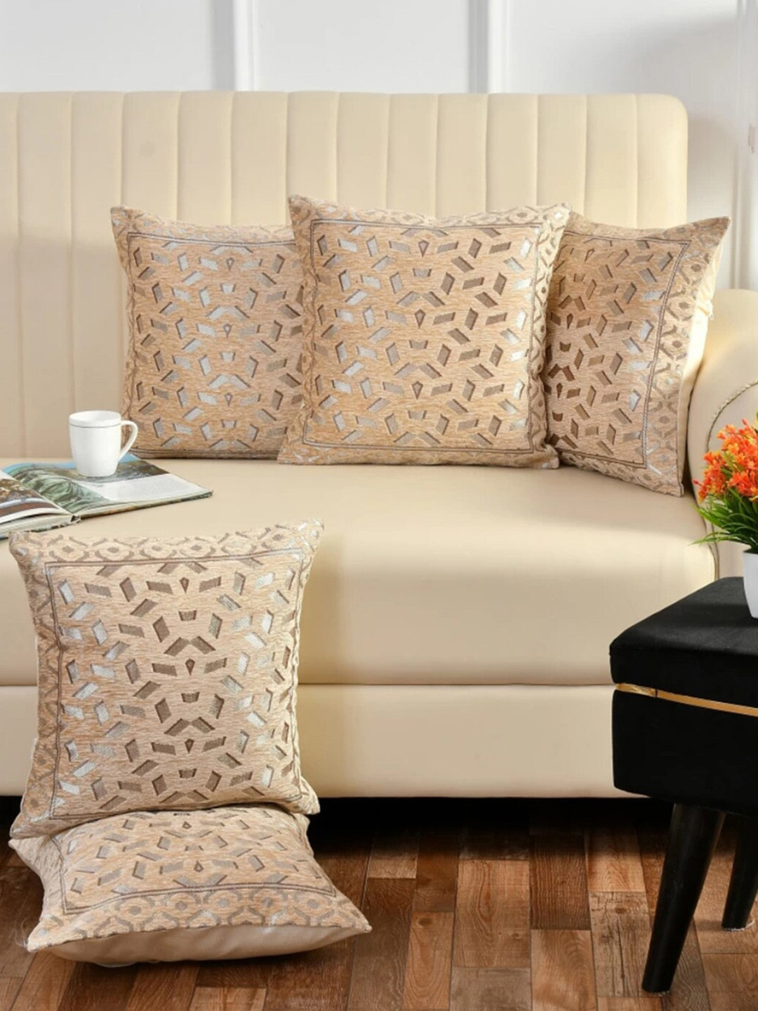 

DECOMIZER Bricks Beige & Gold-Toned 5-Pieces Jacquard Ethnic Motifs Square Cushion Covers