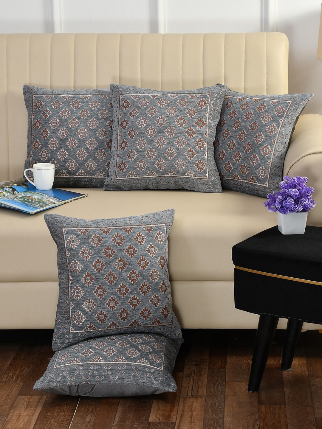 

DECOMIZER Grey & Brown 5 Pieces Ethnic Motifs Jacquard Square Cushion Covers