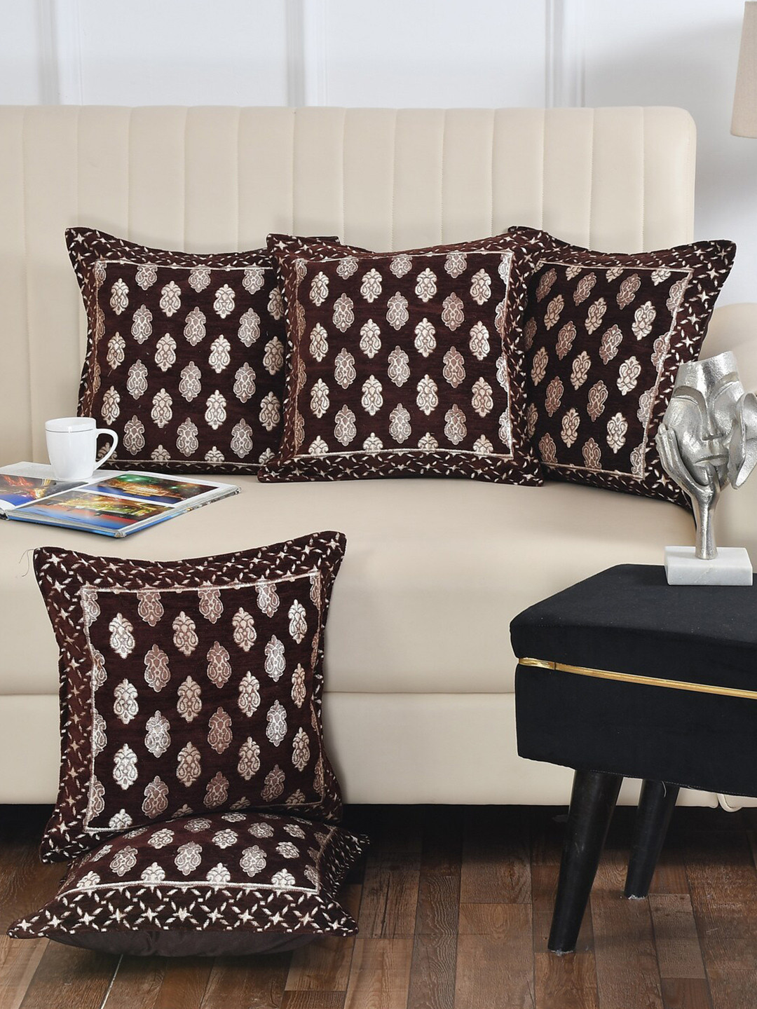 

DECOMIZER 5 Pieces Coffee Brown Ethnic Motifs Jacquard Square Cushion Covers