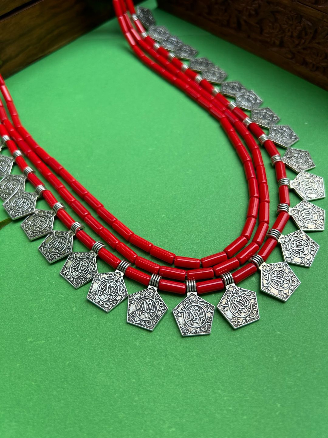 

FIROZA Coin Beaded Brass Necklace, Red