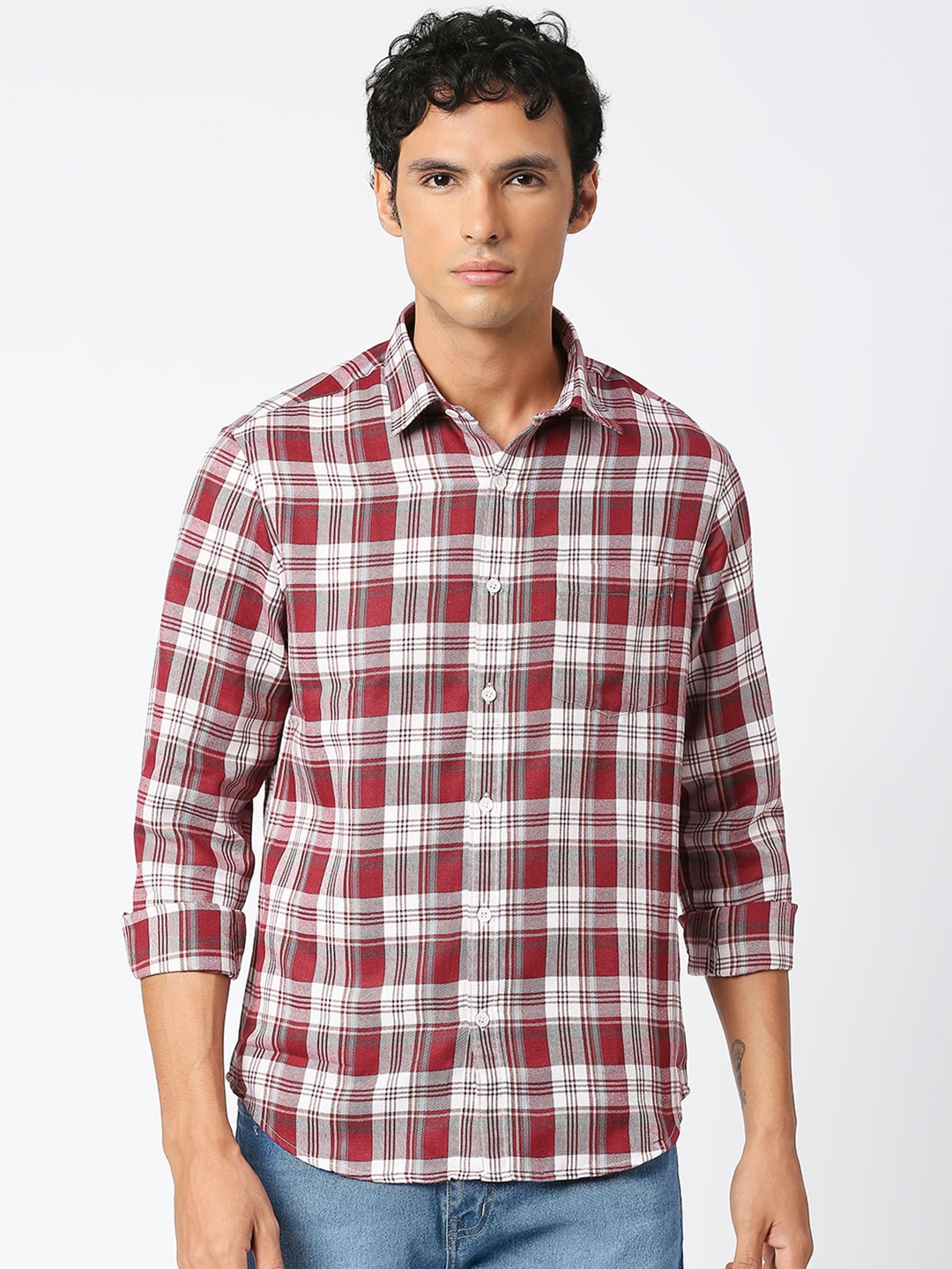 

Metronaut Slim Fit Tartan Checks Checked Cotton Casual Shirt, Maroon