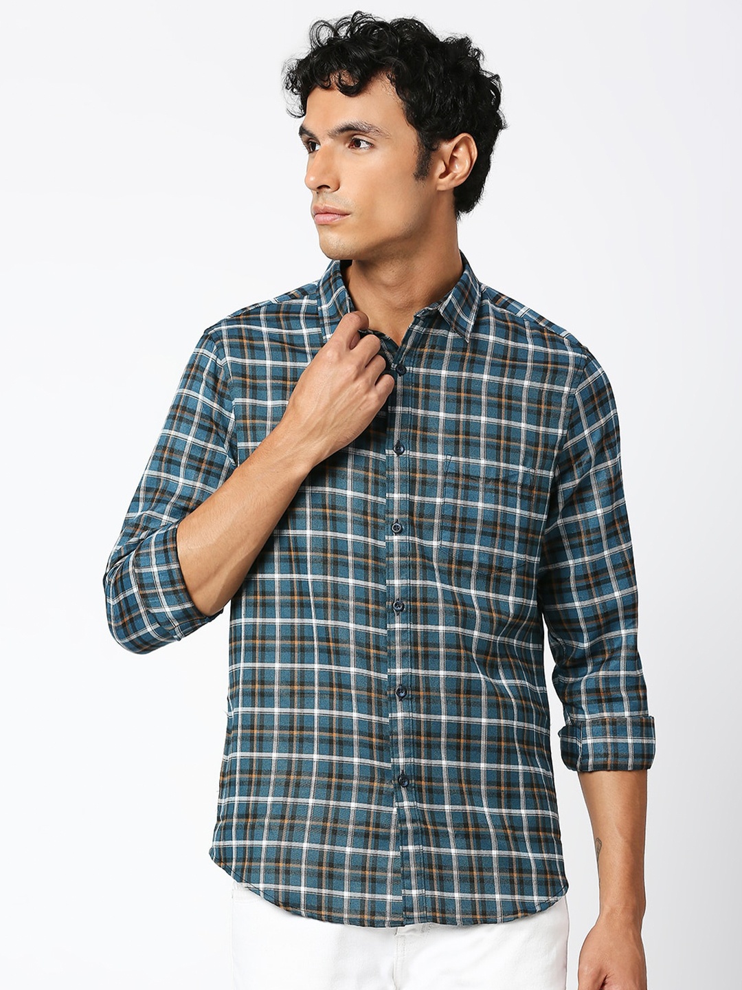 

Metronaut Slim Fit Tartan Checks Checked Cotton Casual Shirt, Blue