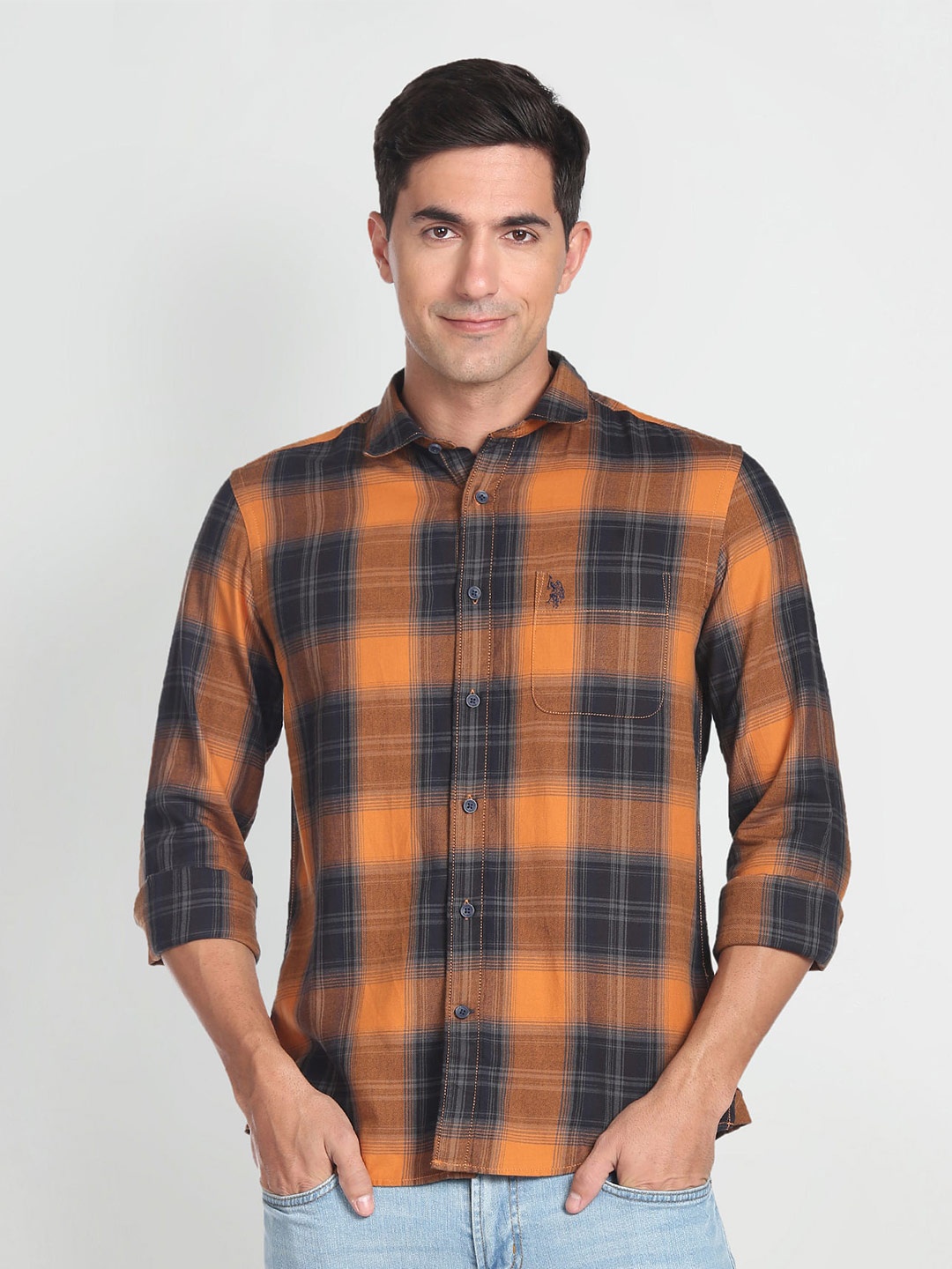 

U S Polo Assn Denim Co Tartan Checked Printed Spread Collar Cotton Slim Fit Casual Shirt, Orange