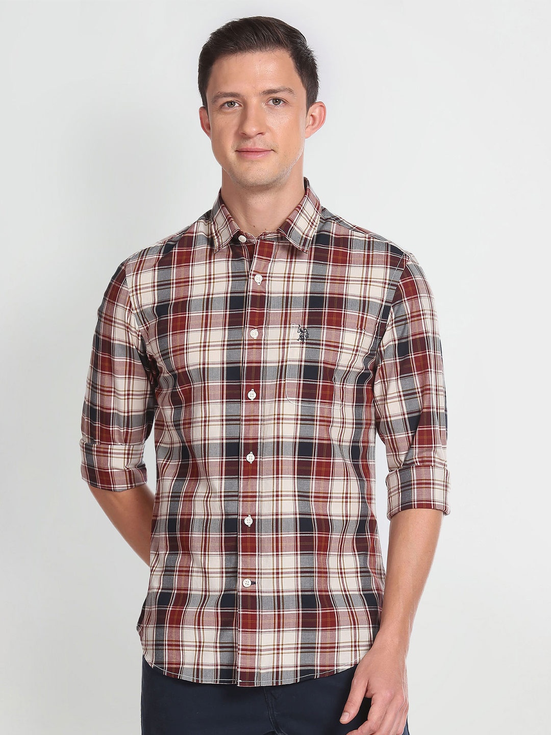 

U.S. Polo Assn. Denim Co. Slim Fit Tartan Checks Oxford Weave Pure Cotton Casual Shirt, Maroon