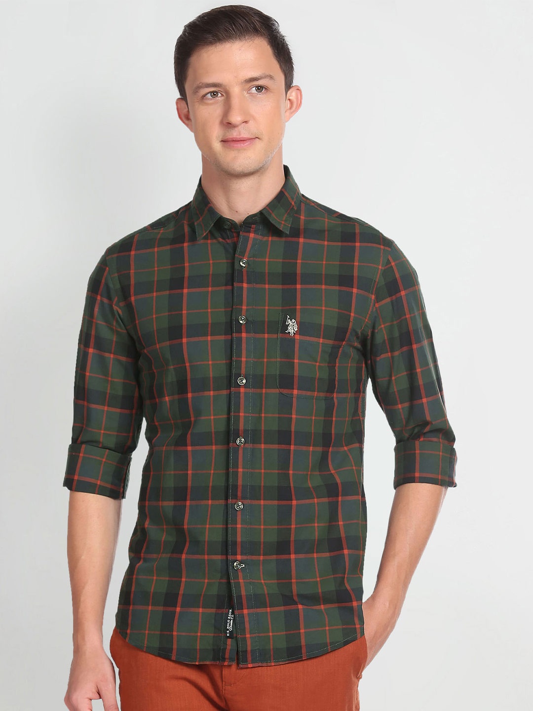 

U.S. Polo Assn. Denim Co. Checked Slim Fit Comfort Cotton Casual Shirt, Green