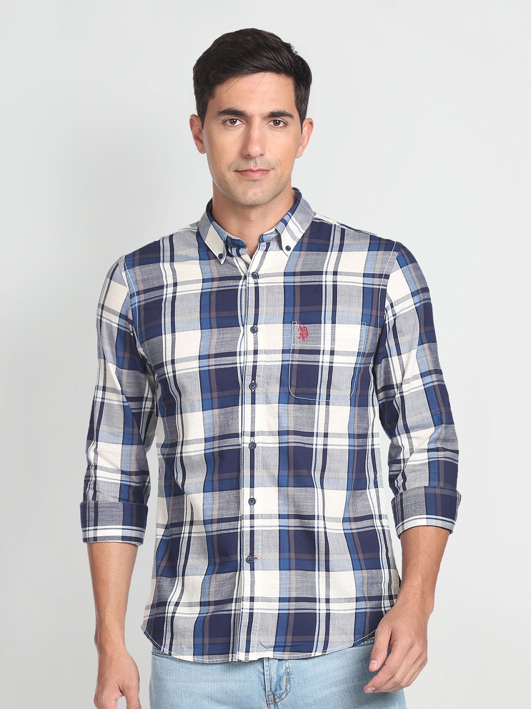 

U.S. Polo Assn. Denim Co. Checked Button Down Collar Slim Fit Comfort Cotton Casual Shirt, Blue