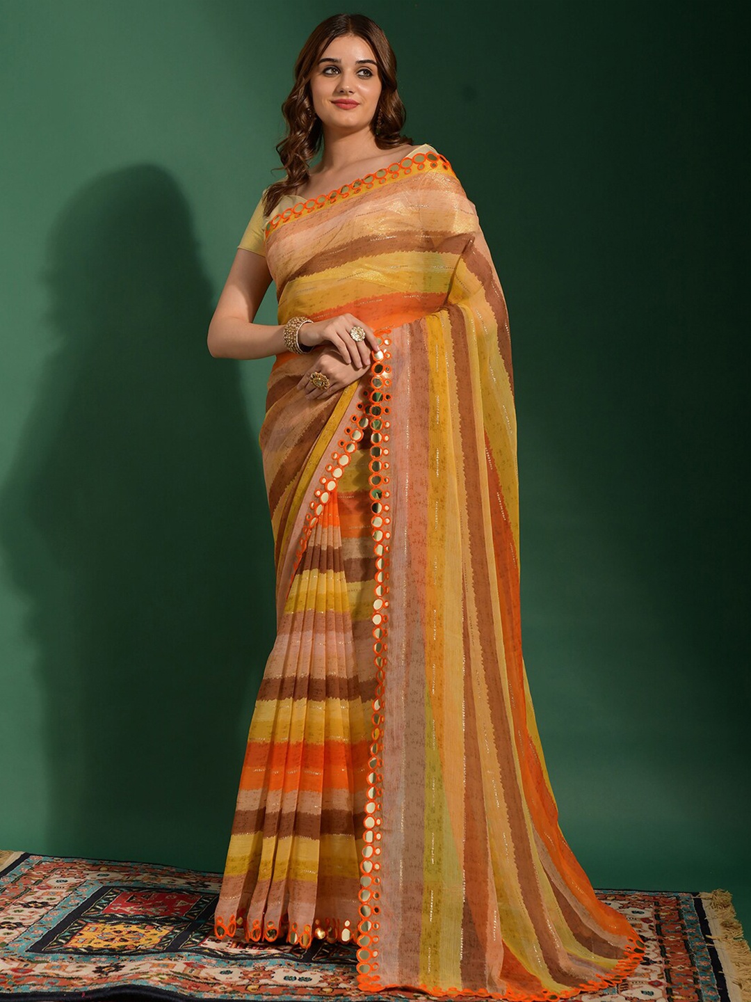 

Mitera Striped Mirror Work Poly Chiffon Leheriya Saree, Orange