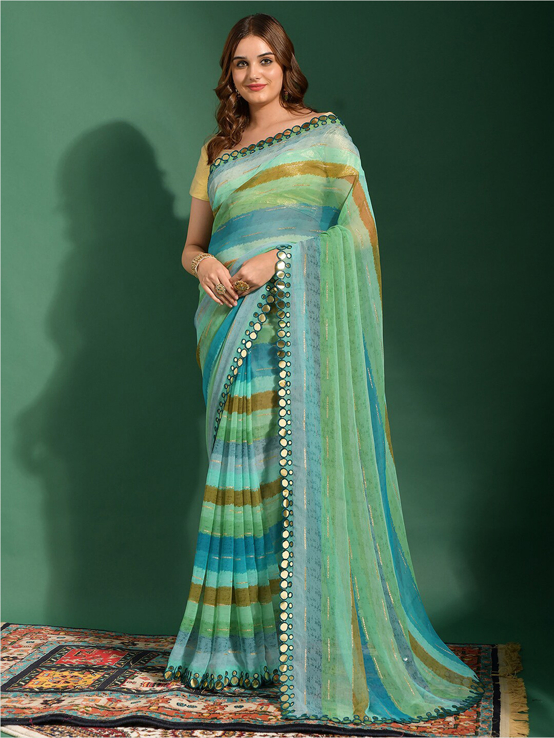 

Mitera Striped Mirror Work Poly Chiffon Leheriya Saree, Green
