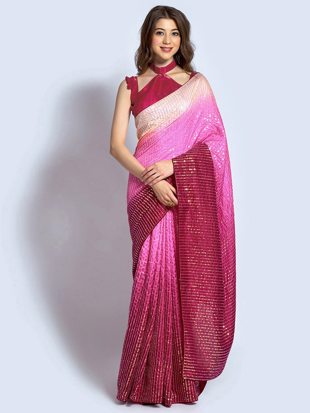 

Satrani Embellished Sequinned Art Silk Saree, Pink