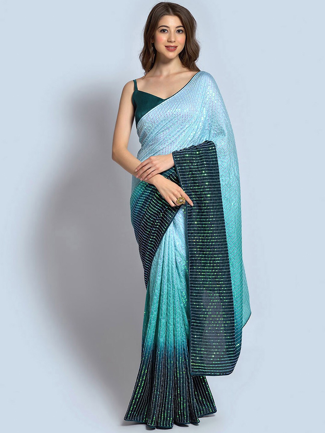 

Satrani Striped Embellished Sequinned Art Silk Saree, Turquoise blue