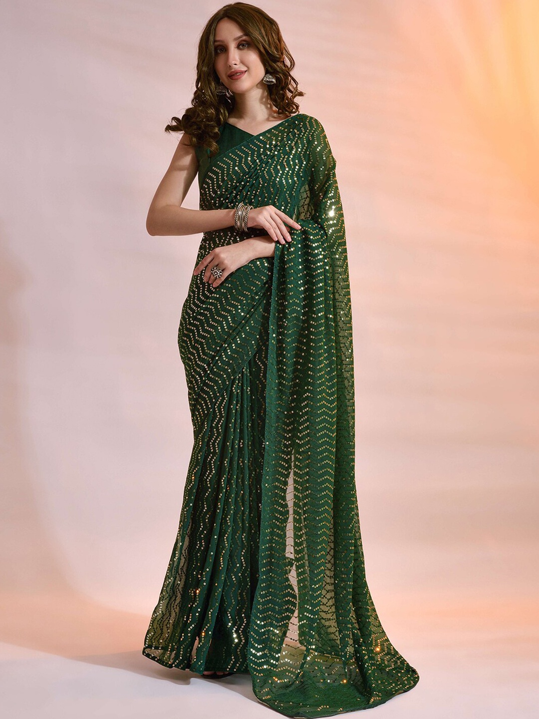 

Satrani Embellished Sequinned Poly Georgette Saree, Green