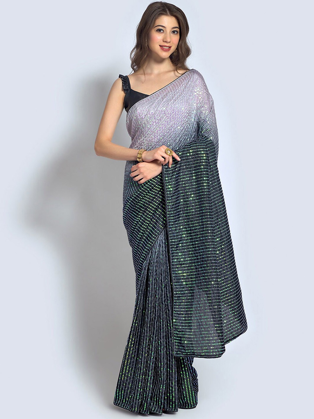 

Satrani Sequinned Embellished Art Silk Party Saree, Grey
