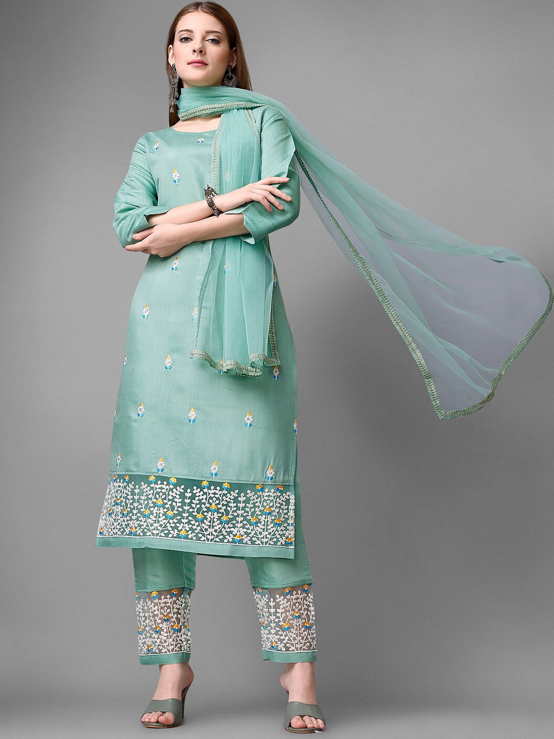 

Navlik Floral Embroidered Regular Thread Work Kurta With Trousers & Dupatta, Turquoise blue