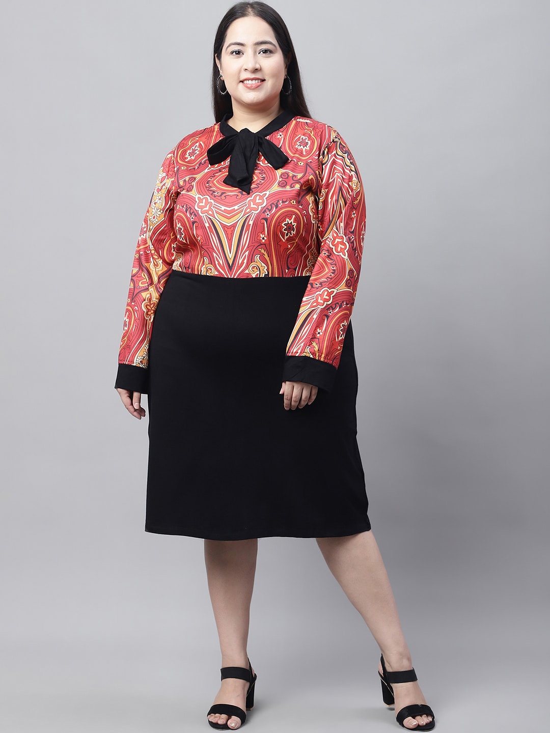 

Flambeur Plus Size Abstract Printed Tie-Up Neck A-Line Dress, Red