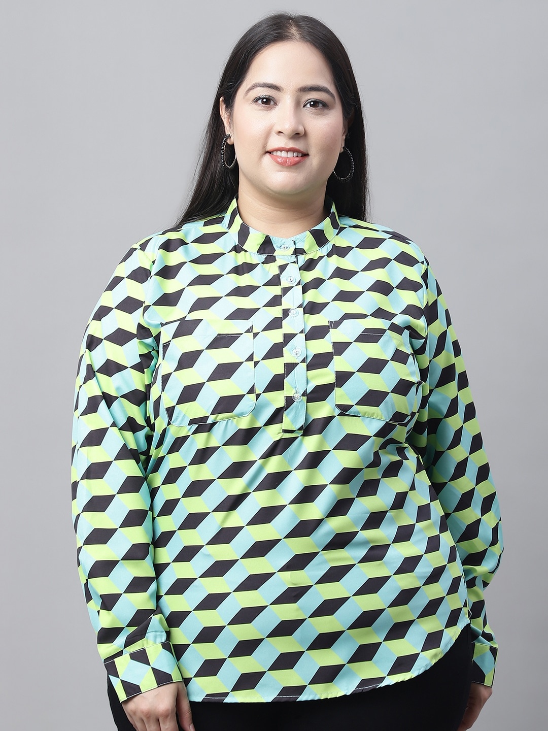 

Flambeur Plus Size Geometric Printed Mandarin Collar Cuffed Sleeves Top, Green