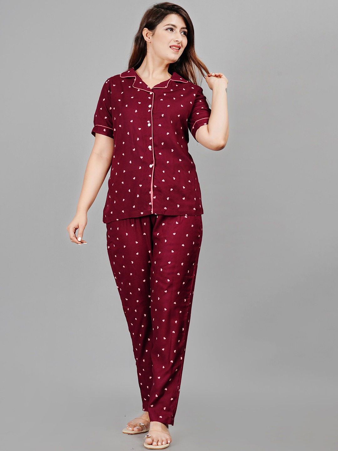 

TREND ME Pure Cotton Printed Night suit, Maroon