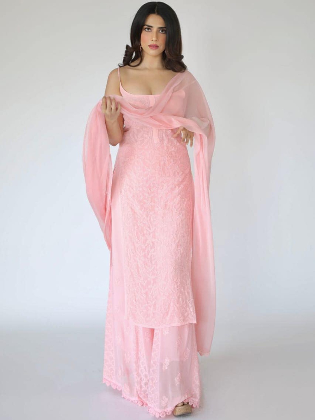 

LABEL AISHWARYRIKA Floral Embroidered Straight Kurta with Trousers & Dupatta, Pink