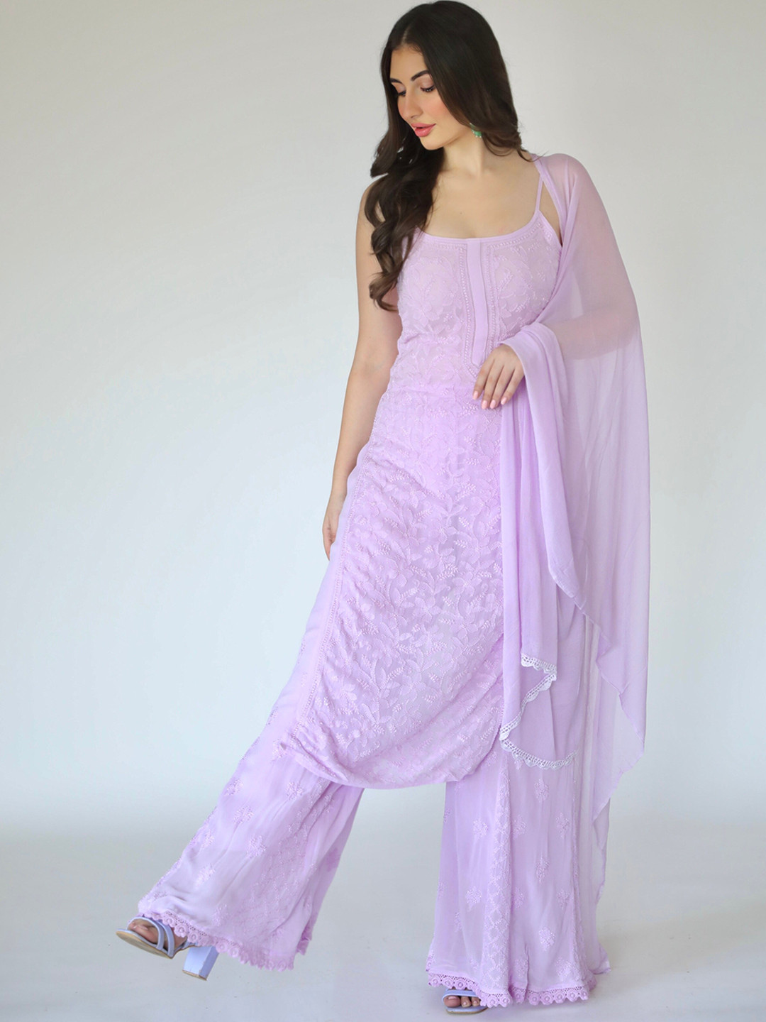 

LABEL AISHWARYRIKA Floral Embroidered Straight Kurta with Trousers & Dupatta, Purple