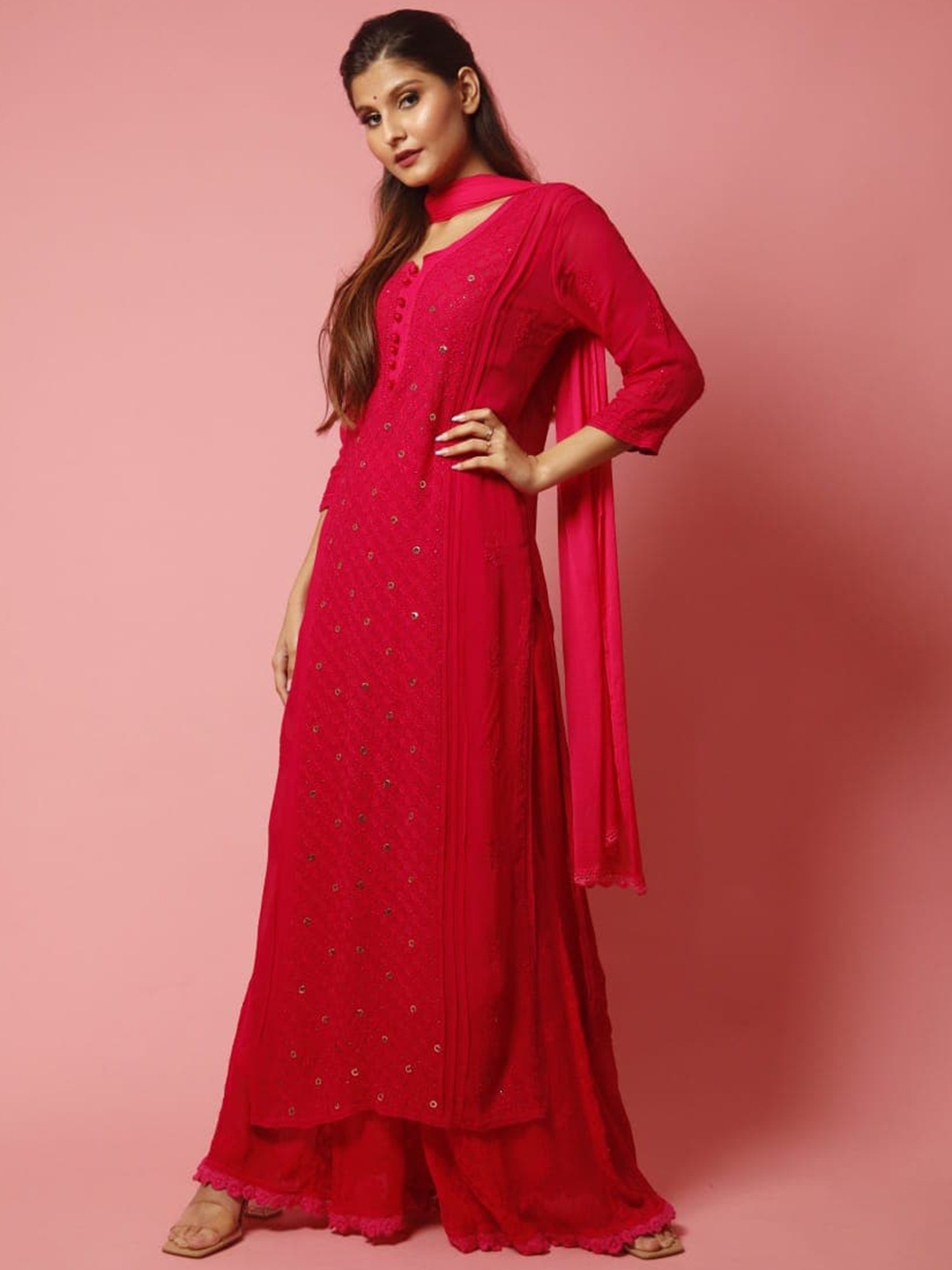 

LABEL AISHWARYRIKA Floral Embroidered Regular Kurta with Palazzos & Dupatta, Pink