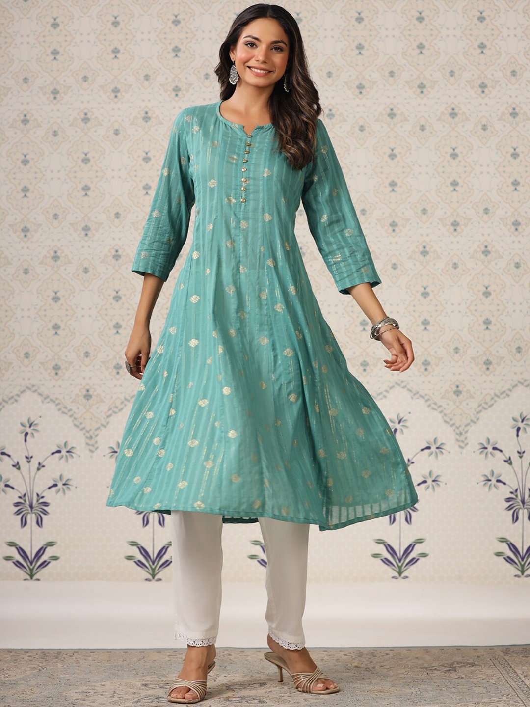 

Ode by House of Pataudi Ethnic Motifs Woven Design Panelled A-Line Cotton Kurta, Teal