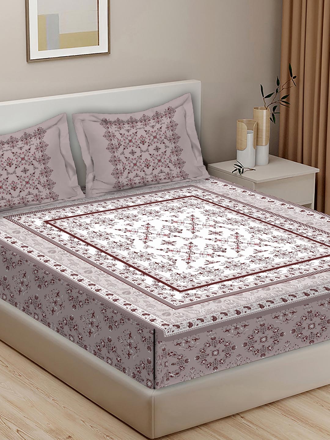

BELLA CASA Maroon & White Floral Cotton 400 TC King Bedsheet With 2 Pillow Covers