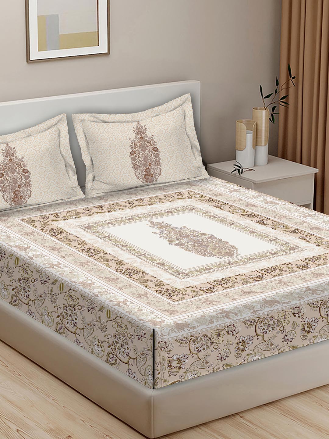 

BELLA CASA Rajputana White Printed Cotton 400 TC King Bedsheet with 2 Pillow Covers