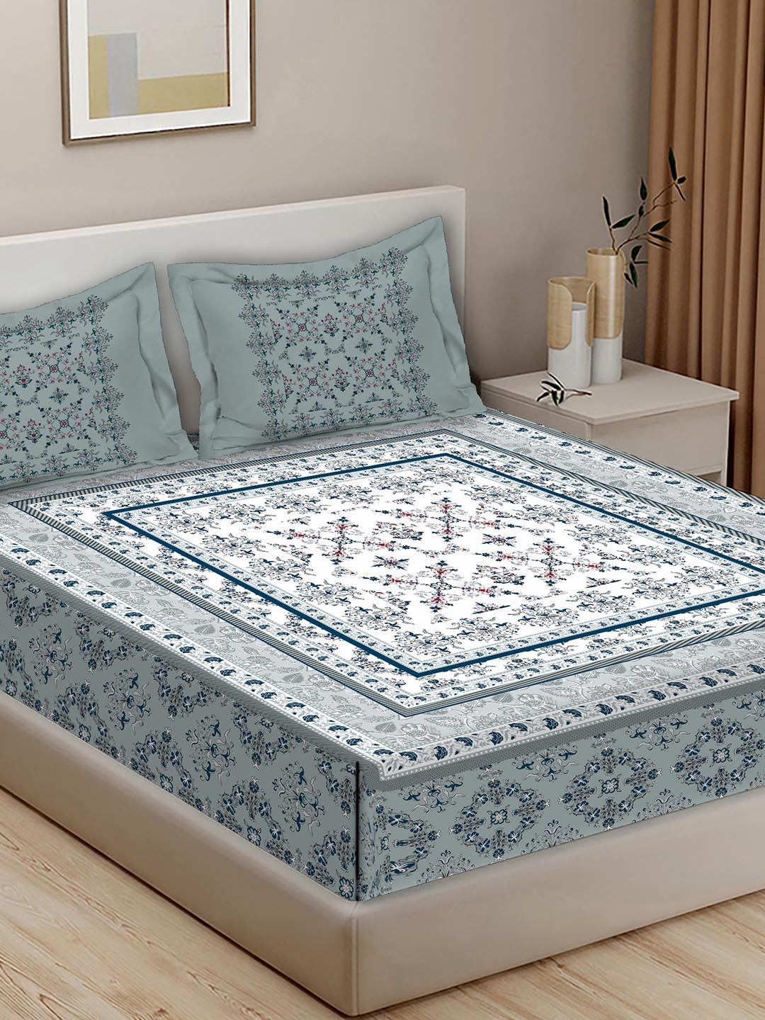 

BELLA CASA Rajputana White & Blue Printed Cotton 400 TC King Bedsheet with 2 Pillow Covers