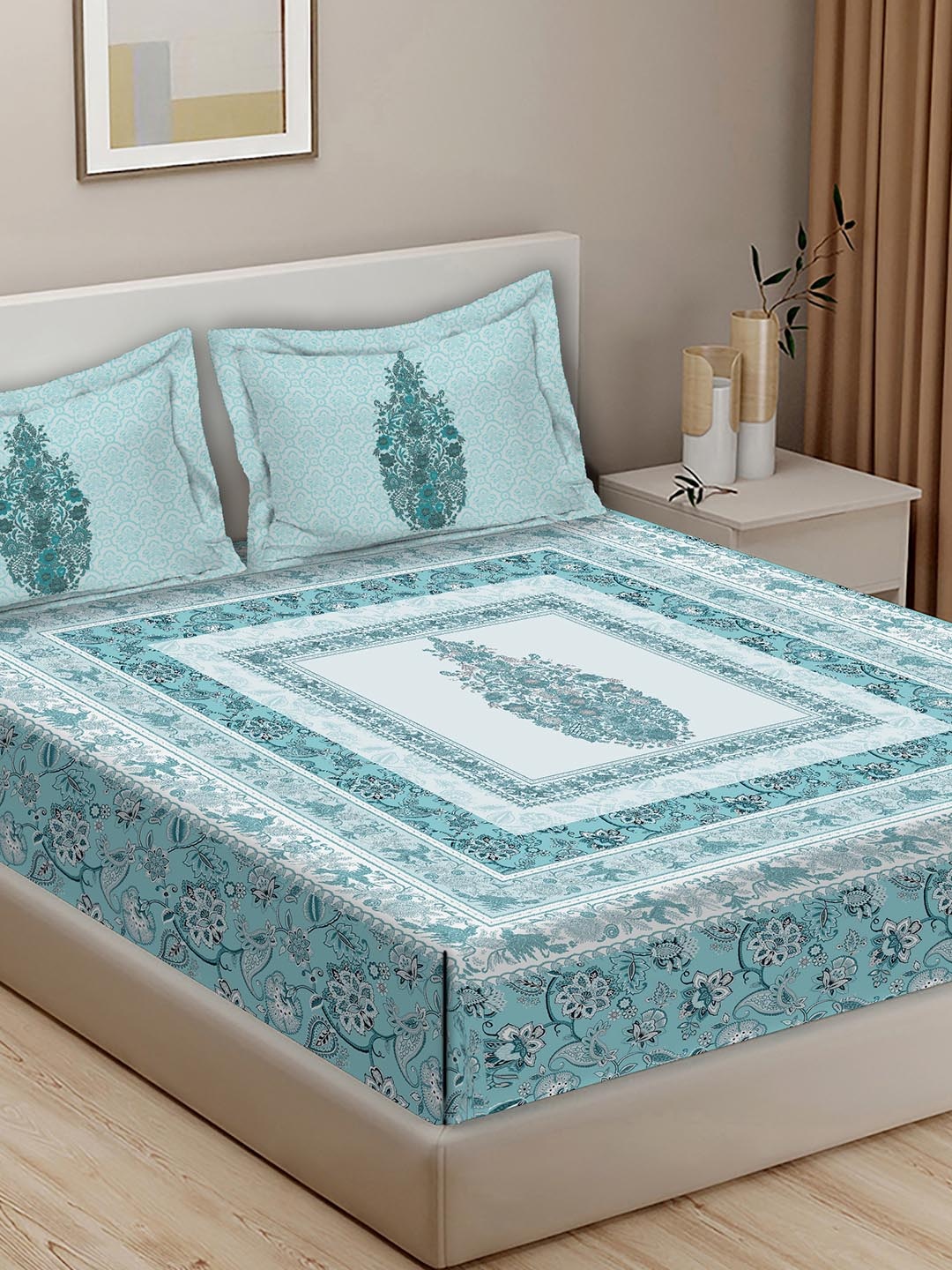 

BELLA CASA Rajputana Blue & White Printed Cotton 400 TC King Bedsheet with 2 Pillow Covers