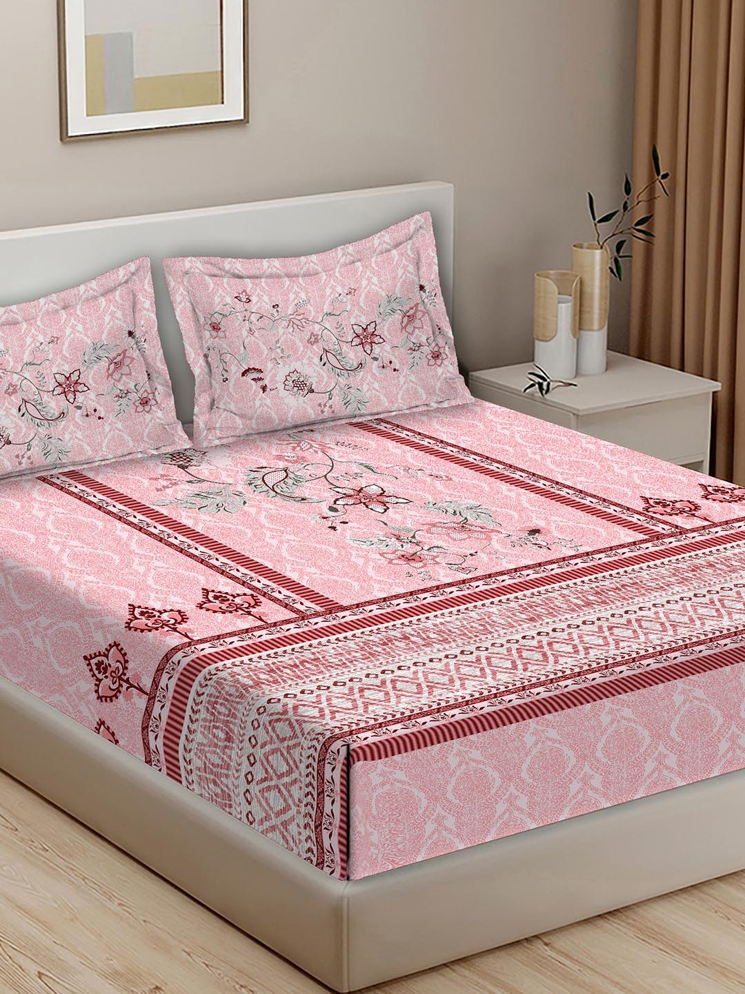 

BELLA CASA Rajputana Pink & White Printed Cotton 400 TC King Bedsheet with 2 Pillow Covers