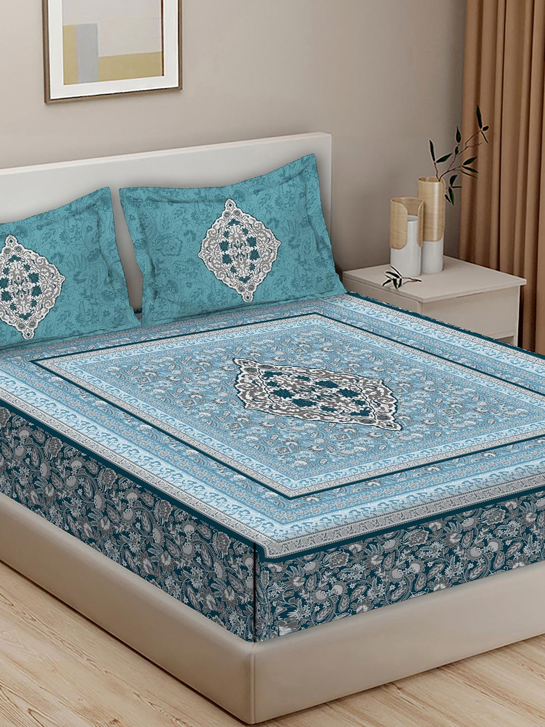 

BELLA CASA Rajputana Blue & White Printed Cotton 400 TC King Bedsheet with 2 Pillow Covers