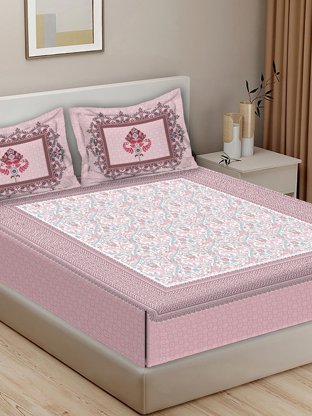 

BELLA CASA Rajputana Pink Printed Cotton 400 TC King Bedsheet with 2 Pillow Covers