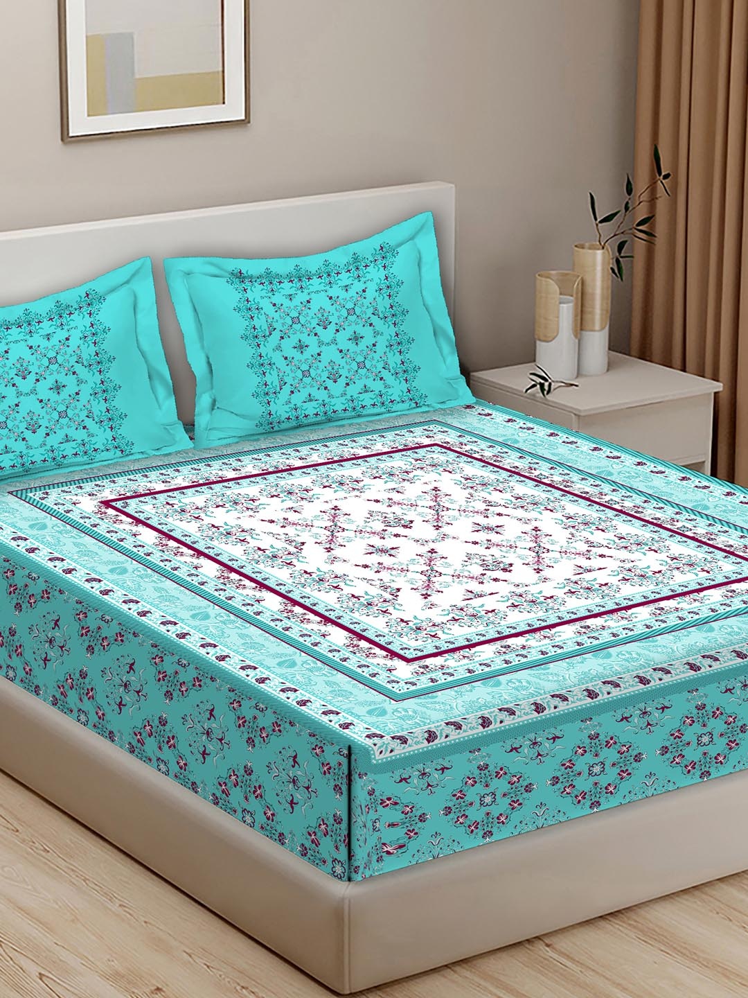 

BELLA CASA Rajputana Blue & White Printed Cotton 400 TC King Bedsheet with 2 Pillow Covers