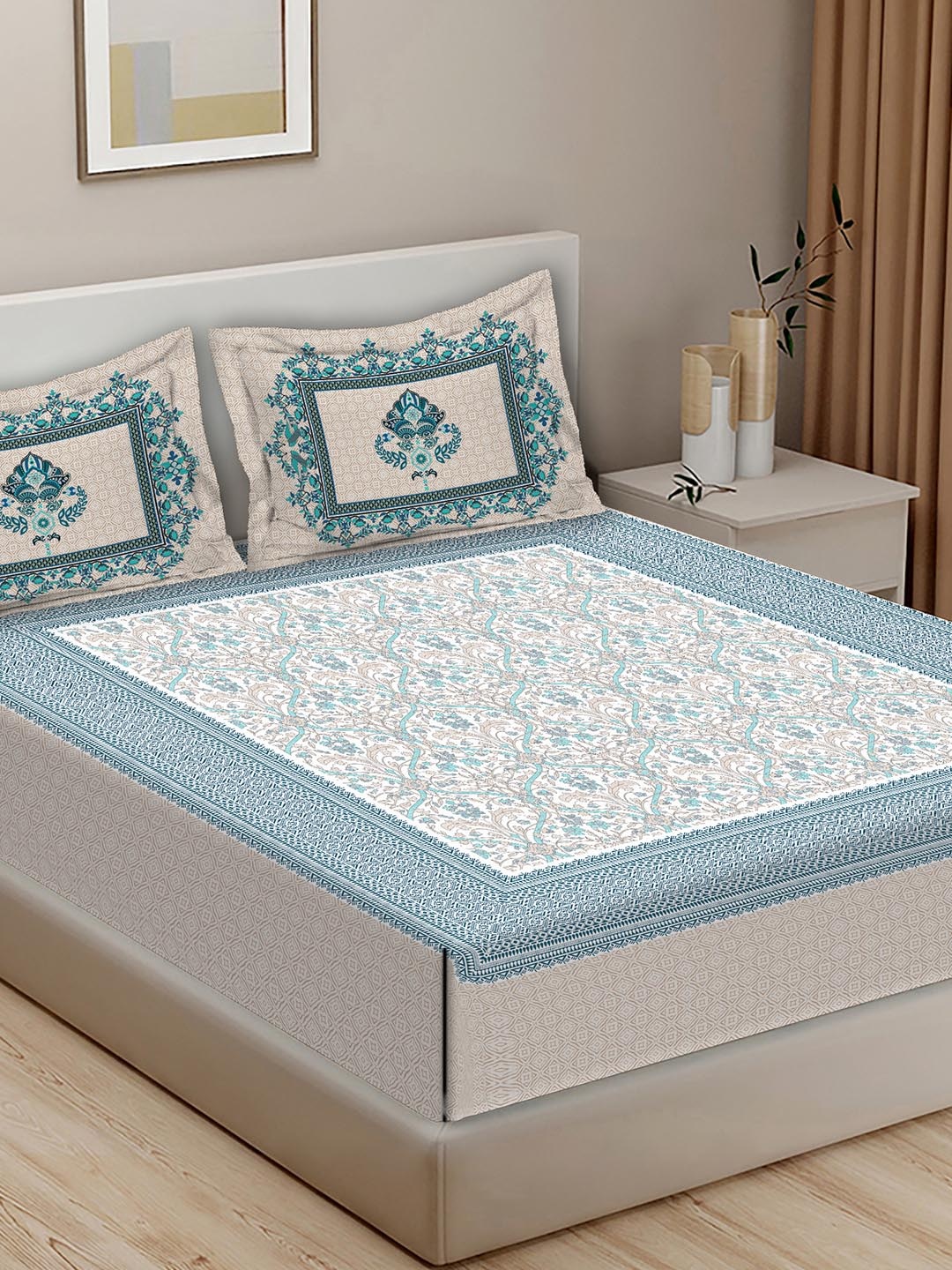 

BELLA CASA Peach-Coloured & Blue Ethnic Motif Cotton 400TC King Bedsheet & 2 Pillow Covers