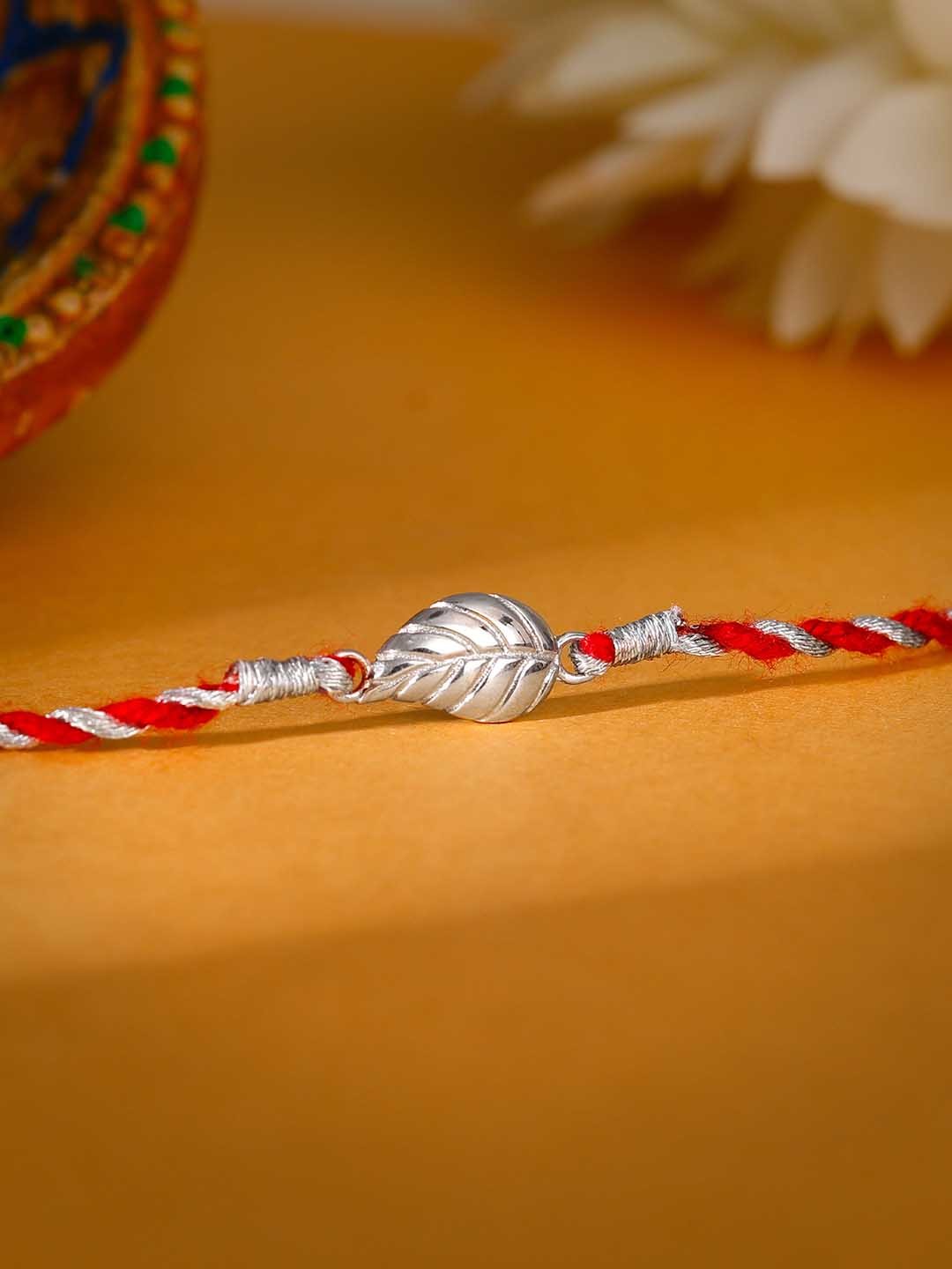 

GIVA Rhodium-Plated 925 Sterling Silver Leaf-Shaped Rakhi with Roli Chawal