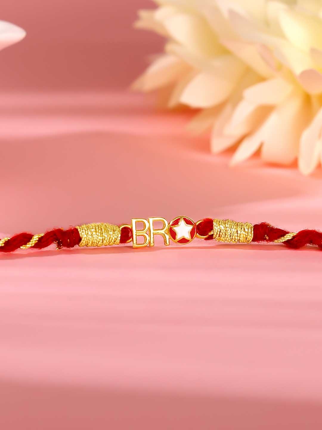 

GIVA 925 Sterling Silver BRO Word & Star Rhodium-Plated Enamelled Rakhi With Roli Chawal, Gold
