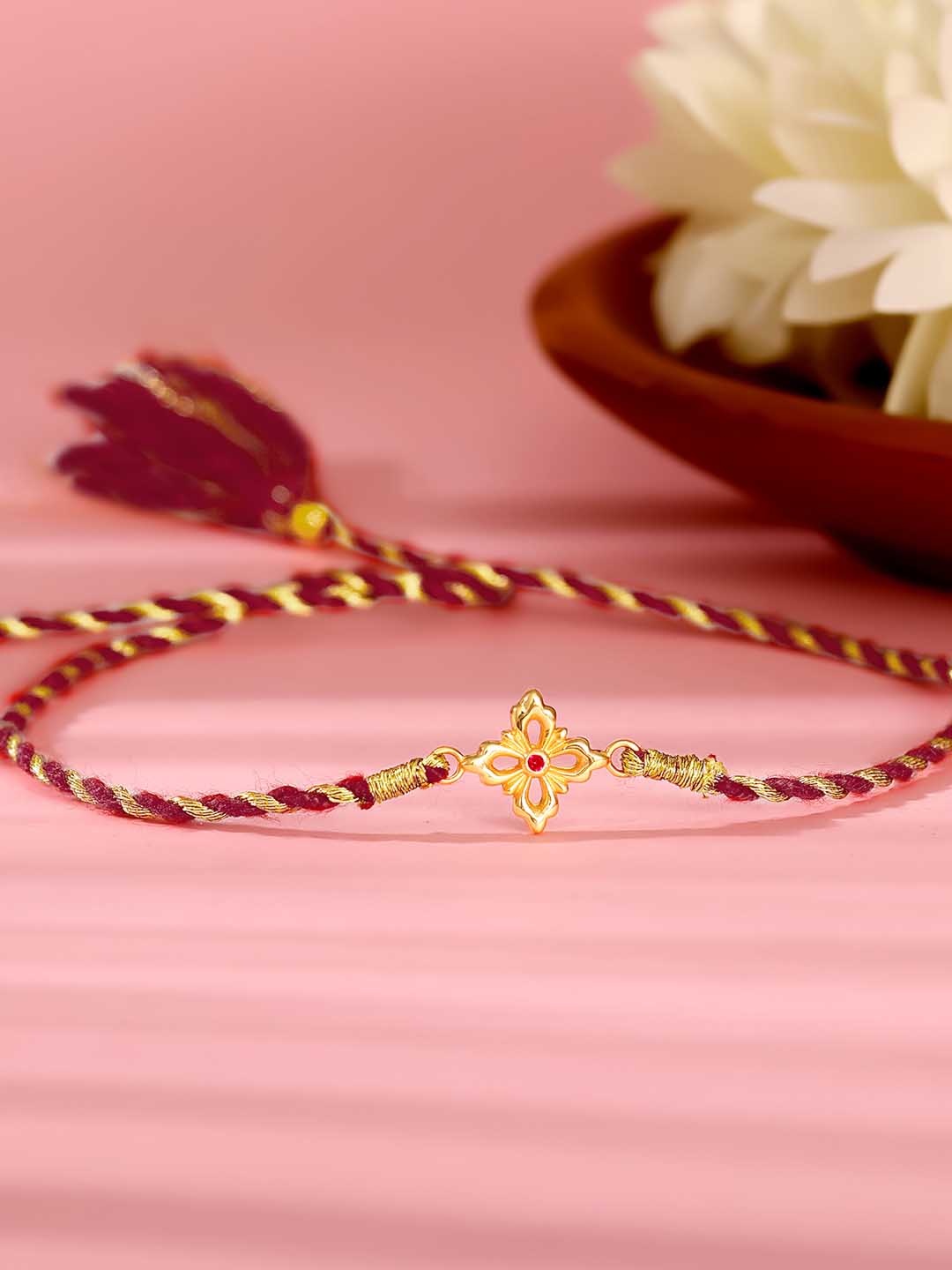 

GIVA 925 Sterling Silver Rhodium-Plated Floral Rakhi With Roli Chawal, Gold