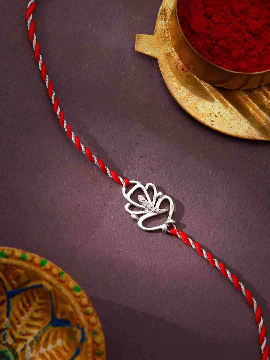 

GIVA 925 Sterling Silver Rhodium-Plated Stone-Studded Rakhi With Roli Chawal