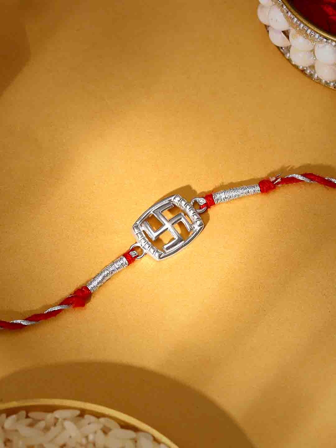 

GIVA Men 925 Sterling Silver Swastik Rakhi With Roli Chawal