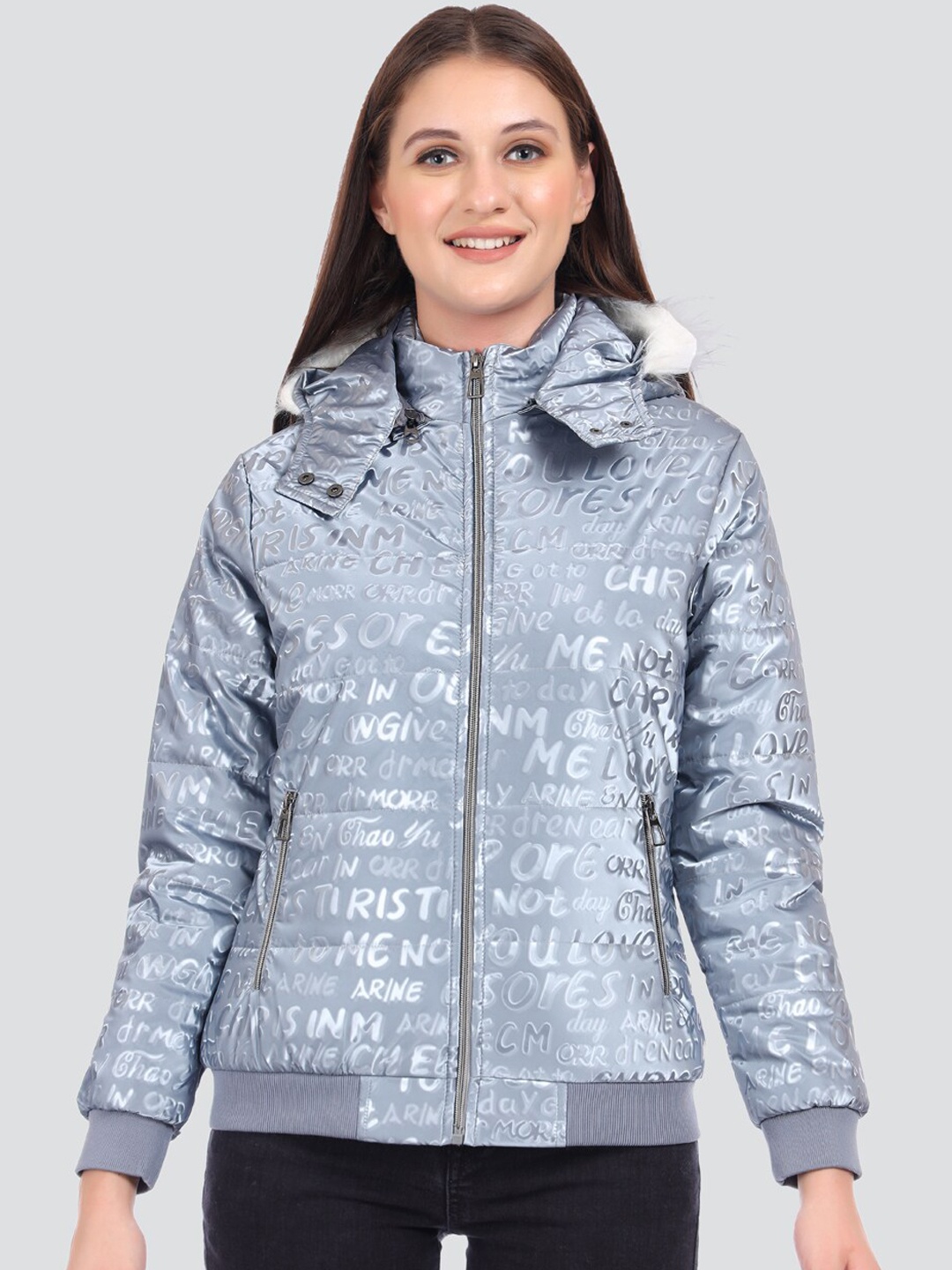 

KVR Typography Printed Hooded Lightweight Puffer Jacket, Grey