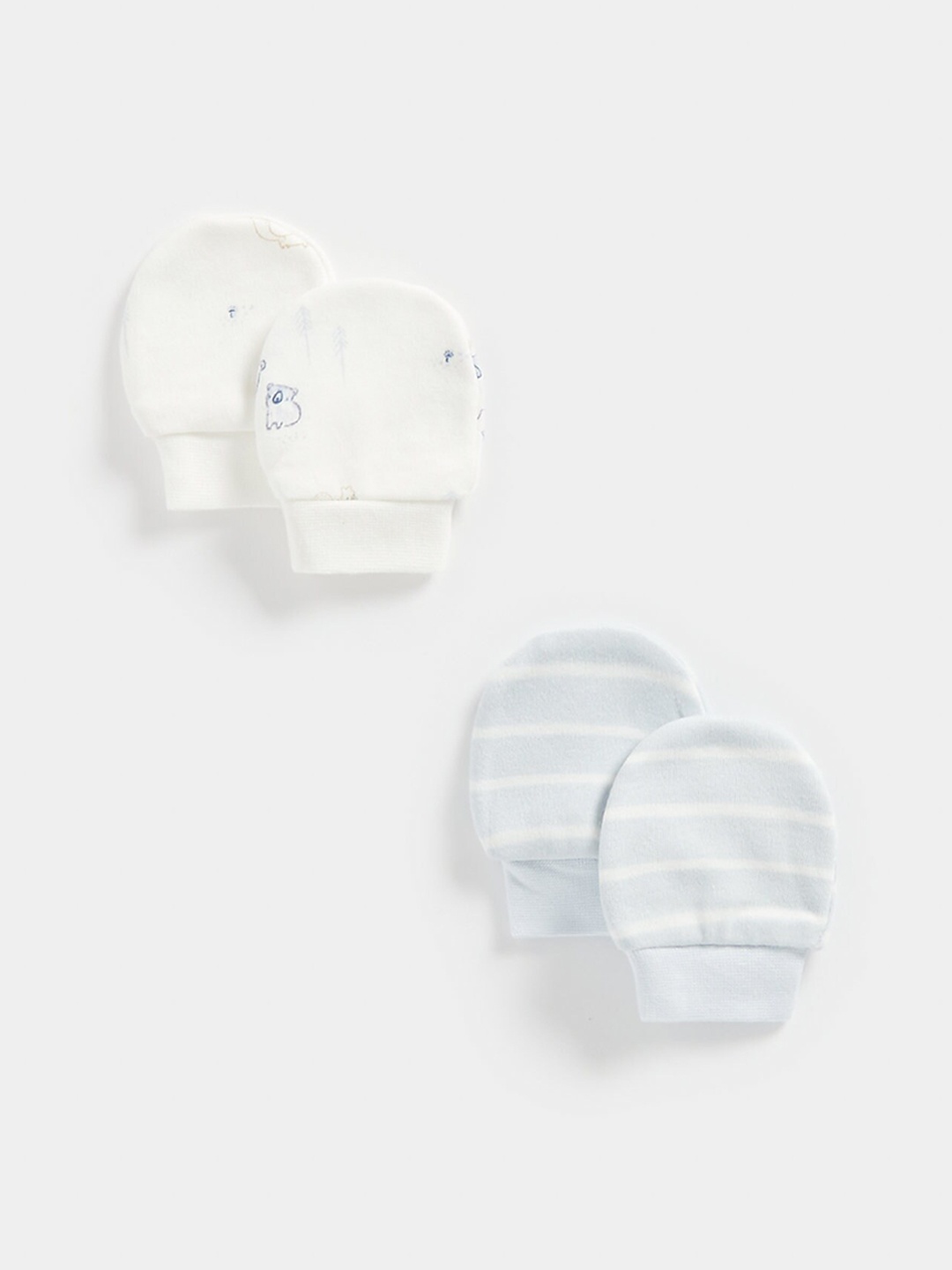 

mothercare Infants Pack of 2 Pure Cotton Printed & Striped Mittens, White