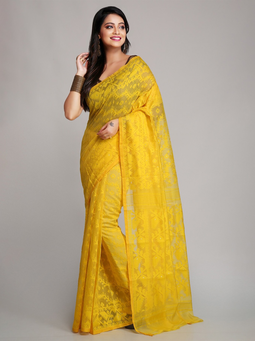 

WoodenTant Ethnic Motifs Woven Design Silk Cotton Jamdani Saree, Yellow