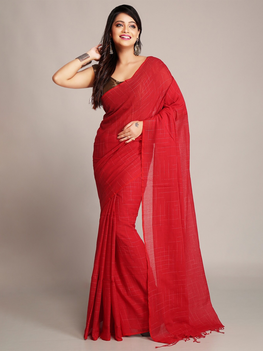 

WoodenTant Abstract Woven Design Pure Cotton Saree, Red