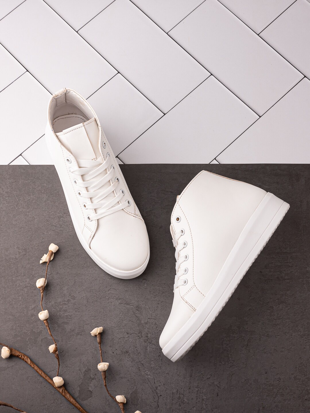 

DressBerry Women White Canvas Mid-Top Sneakers